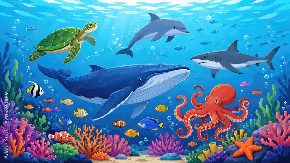 Obraz premium Colorful underwater illustration of a coral reef with whale, dolphin, shark, turtle, octopus and tropical fish