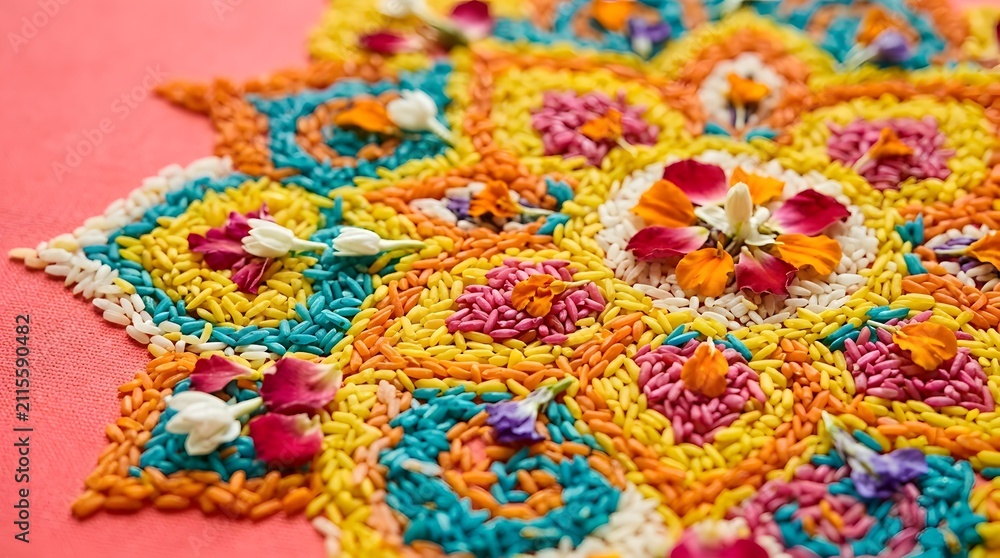 Obraz premium Colorful floral rangoli art made from colored rice and flowers
