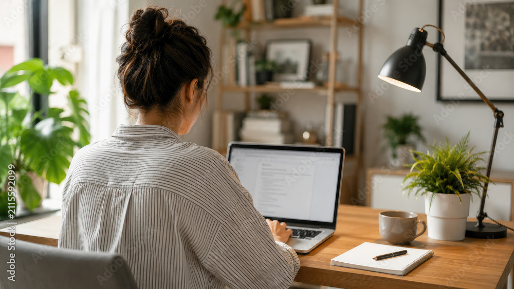 Obraz premium Woman working on a laptop at a wooden desk in a bright home office with plants, notebook, coffee mug, and a desk lamp