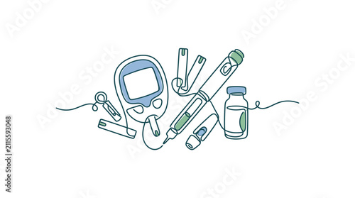 Cuadro en lienzo Continuous one line drawing of diabetes medical equipment set.