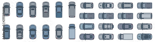 Top View Car Icons and Vehicle Types Set – Overhead Illustrations of Sedans, Trucks, Vans, SUVs and Electric Cars
