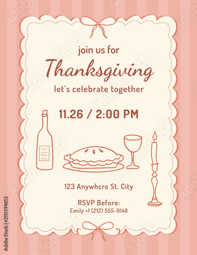 Vertical vintage vector Thanksgiving invitation with scalloped frame, ribbon bows, pie, wine bottle, glass and candle in terracotta line art on a pink striped background.