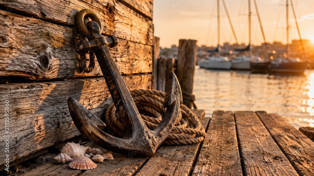 Fototapeta premium Rustic anchor and coiled rope on a weathered wooden dock at sunset with sailboats moored in a calm harbor