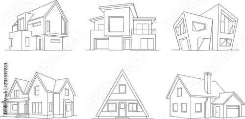Modern residential house architectural blueprints set featuring contemporary cottage villa and family home property exterior facade designs
