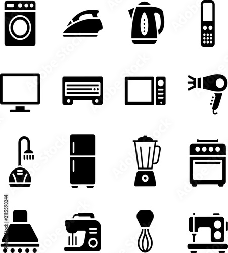Set of black home appliance icons for kitchen and laundry