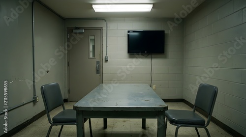 Institutional Interview Room with Metal Table and Chairs Surveillance Monitor