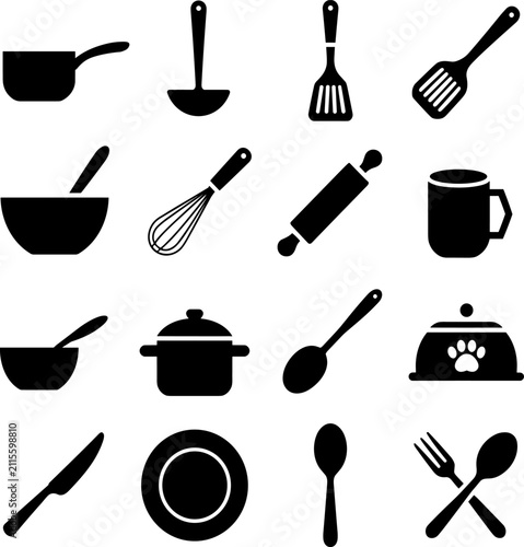 Set of black kitchen icons and cooking utensils