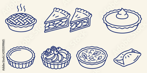 Bild auf Leinwand Dessert Icons: A collection of delightful baked dessert icons, showcasing various pies, tarts, and pastries in a simple, charming line art style