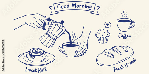 Cuadro en lienzo Morning Coffee and Pastry Delight: A charming illustration depicts a cozy morning scene with hands pouring hot coffee into a cup, accompanied by a sweet roll, a muffin, and fresh bread