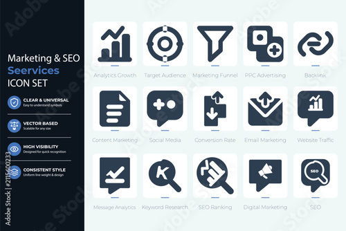 Marketing & SEO Vector Icon Set – Outline Business, Digital Marketing & Analytics Icons