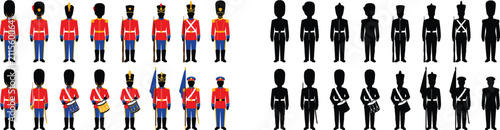 Fotografie A comprehensive vector illustration set of traditional royal guard characters in red uniforms alongside matching black silhouette variations