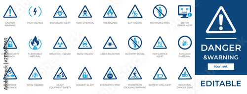 Danger and Warning Vector Icon Set, Industrial Safety Signs, Hazard Symbols, High Voltage, Biohazard, Toxic, Fire Alert Elements
