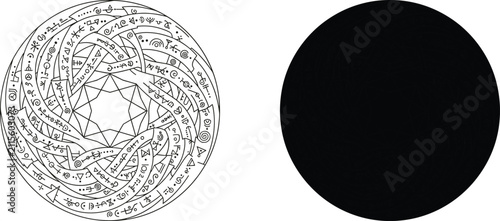 Fotografía Mystical Magic Circle Line Art and Black Silhouette Vector Illustration