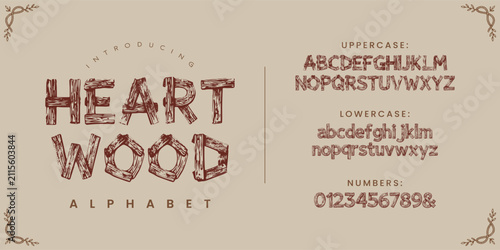 HEART WOOD rustic wooden log alphabet font for outdoor adventure and nature branding