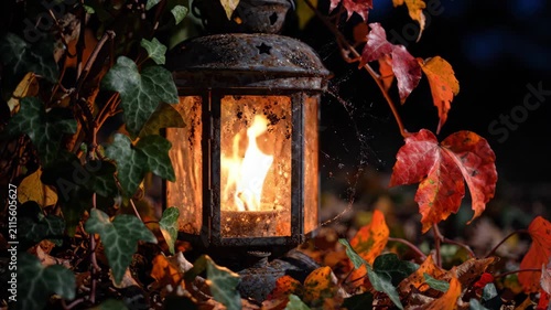 Halloween lantern fire autumn leaf ivy night garden cozy glow mystery atmosphere vintage rustic nostalgia warmth charm