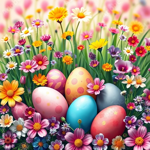 Whimsical illustration of a collection of colorful Easter eggs and spring flowers, watercolor, spring