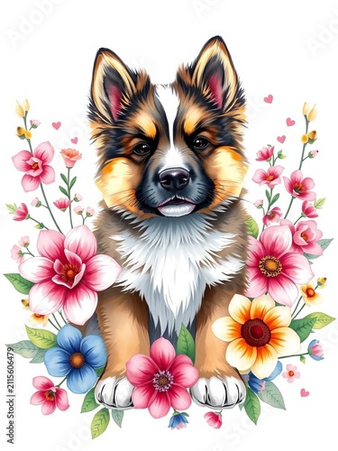 Whimsical illustration of a Caucasian Shepherd Dog puppy surrounded by watercolor flowers, Flowers, Whimsy