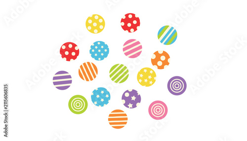 Collection of colorful round sticker badges or candy sweets featuring diverse patterns like stripes and stars.