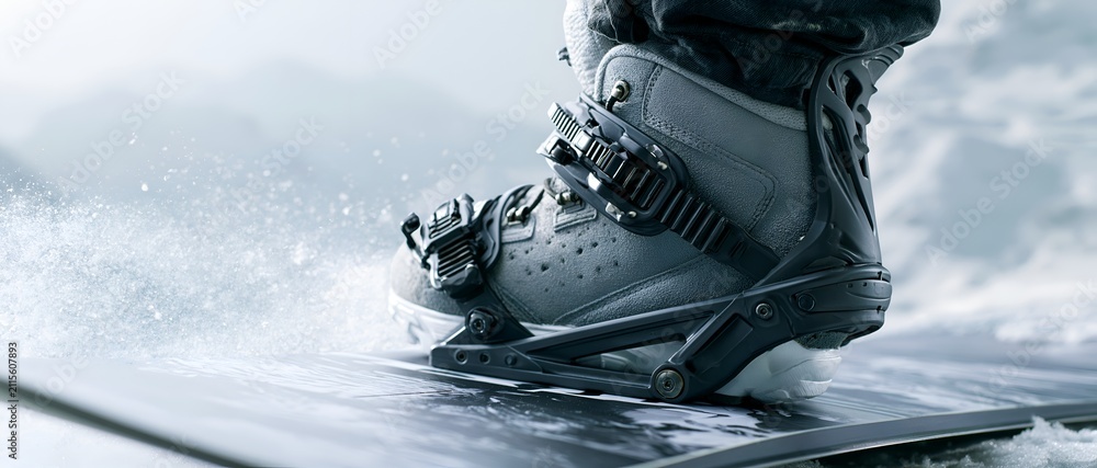 Fototapeta premium Snowboard boot firmly strapped to a board. 64k 8k widescreen, HDR