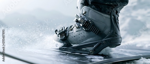 Snowboard boot firmly strapped to a board. 64k 8k widescreen, HDR