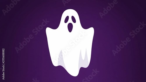 Halloween ghost spooky white sheet spirit floating night fantasy cartoon vector graphic on purple background illustration