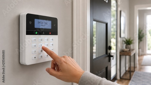 Hand entering PIN on a wall-mounted home security keypad by a front door in a modern foyer