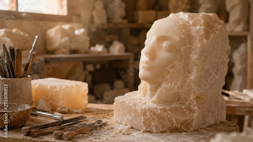 Unfinished alabaster bust of a serene female head on a dusty sculptor's workbench with chisels and tools in a warm-lit workshop