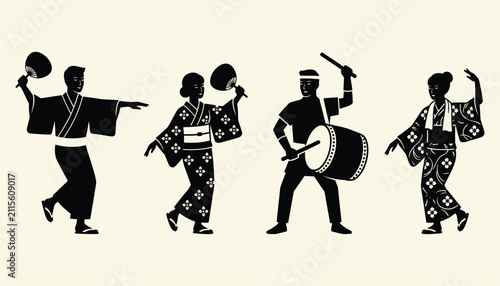 Bon Odori Japan festival dancers silhouette illustration in traditional yukata