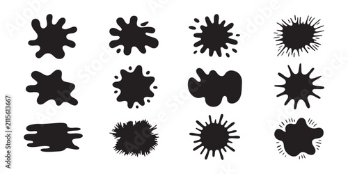 Assorted black paint blobs and ink splash shapes collection for creative art projects and background.