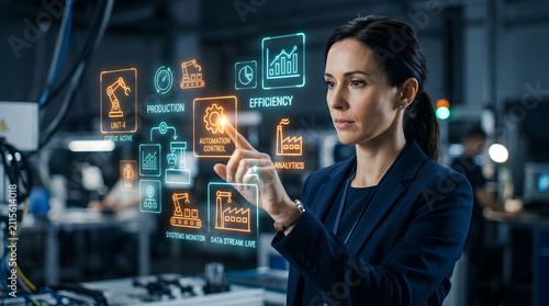Professional female engineer interacting with a futuristic augmented reality interface for industrial automation and production monitoring