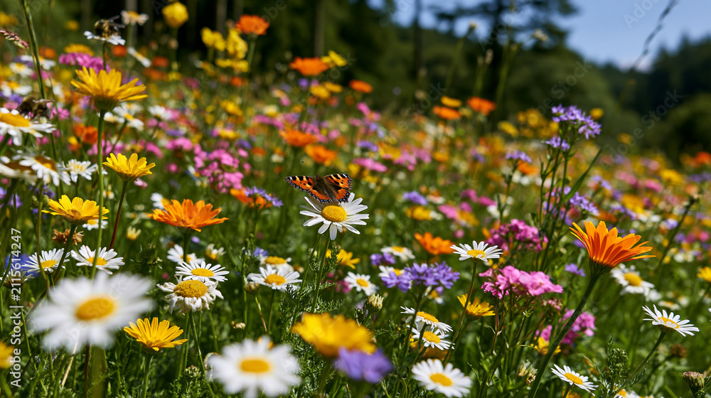 Obraz premium Vibrant Wildflower Meadow in Full Bloom: Colorful Daisies and Botanical Beauties in Natural Harmony