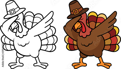 Canvastavla Cartoon Thanksgiving turkey doing dab pose wearing brown pilgrim hat vector line