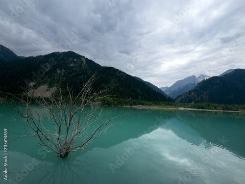 Turquoise Mountain Lake in Kazakhstan with Scenic Forest and Snow-Capped Peaks
