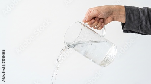 Clean fresh water pouring from a glass pitcher held by a person's hand against a white background with hydration