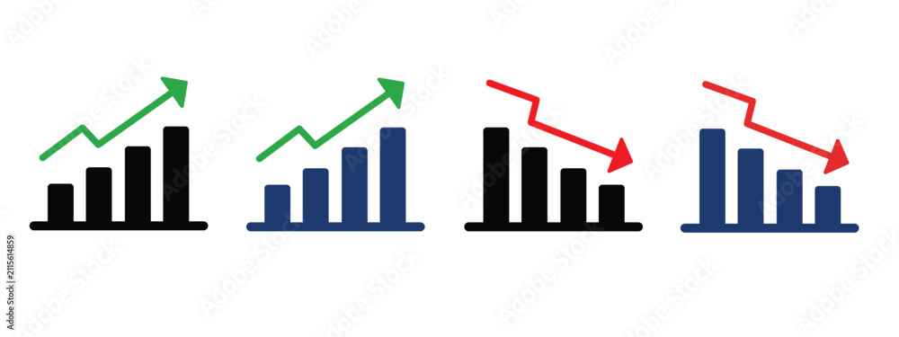 Obraz premium Business Growth and Decline Chart Icons Set Financial Graph Up Down Trend, Analytics Bar Chart Vector Illustration Pack
