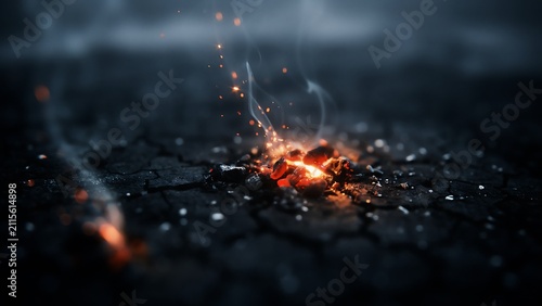Small glowing fire embers and wisps of smoke rising from dark cracked dry earth in a dark environment with floating orange sparks.