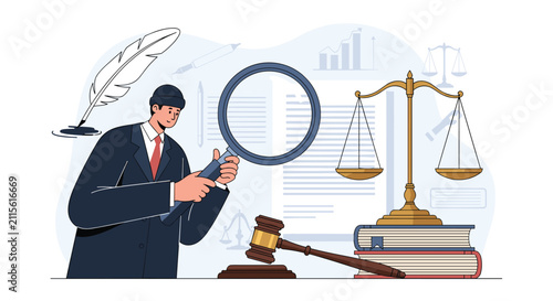 Professional investigator examining legal documents with a magnifying glass beside a gavel and scales of justice for court and law concepts.