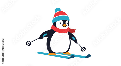Adorable penguin character wearing a red hat and scarf while skiing on a white snowy background representing winter sports and fun.