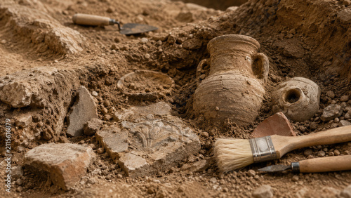 Close-up of an archaeological excavation revealing ancient pottery, amphora fragments, a brush and trowel in dusty soil