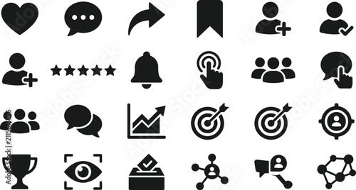 Set of black social media and digital marketing icons representing communication engagement and business growth strategies