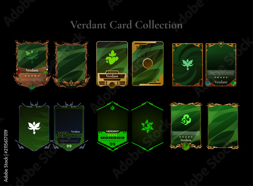 Verdant fantasy trading card collection featuring nature themed front and back templates with modern, medieval, ancient, futuristic, and golden frame styles for RPG, TCG, CCG, collectible