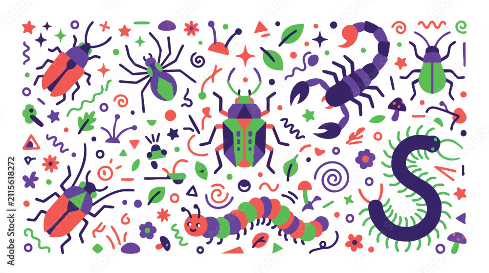 Fototapeta premium Colorful Flat Vector Insects and Bugs Pattern Illustration