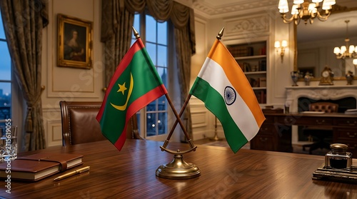 Diplomatic Meeting Between Mauritania and India with National Flags on a Wooden Desk in Luxury Office
