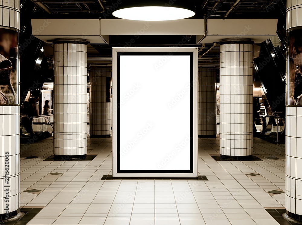 Fototapeta premium Blank Billboard Display in an Empty Urban Subway Station Entrance with Tiled Columns