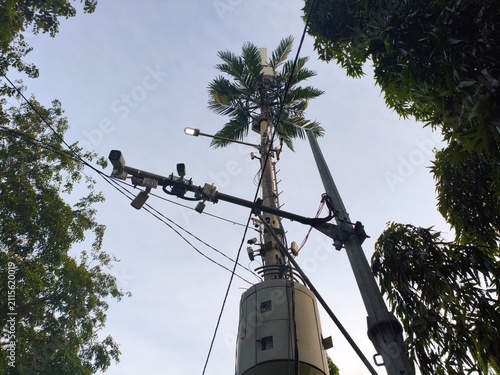 Quadro su tela Telecommunication Pole with Antennae and Cameras Mimicking a Palm Tree in a Trop