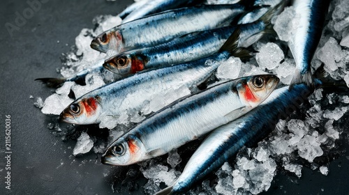 Fresh Whole Sardines Displayed on Ice for Seafood Presentation and Culinary Use