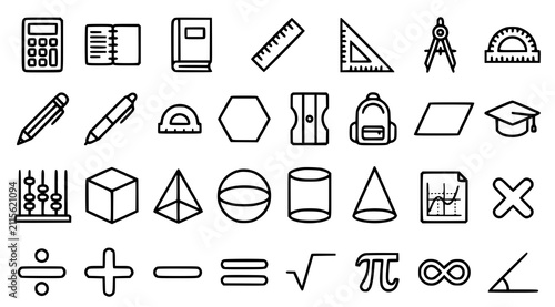 Obraz na płótnie Professional black mathematics geometry and arithmetic outline icons with educat