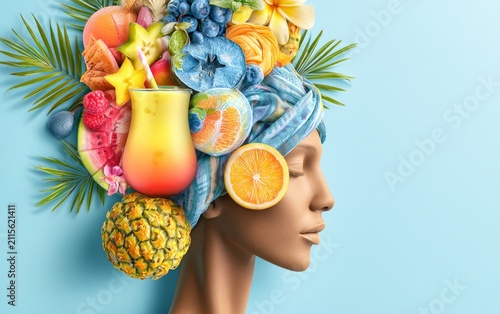 Colorful Fruit-Inspired Conceptual Art on a Woman's Head with Tropical Elements
