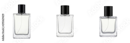 Three clear glass perfume bottles with black caps, isolated on transparent background