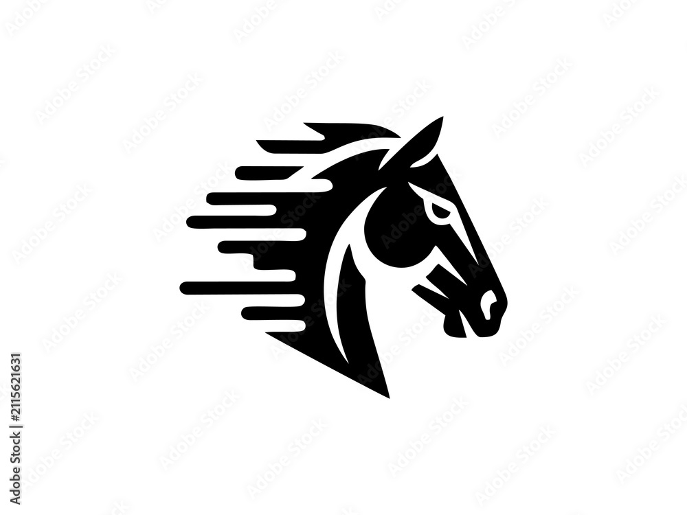 Fototapeta premium Minimalist black and white horse head logo design with motion speed lines.